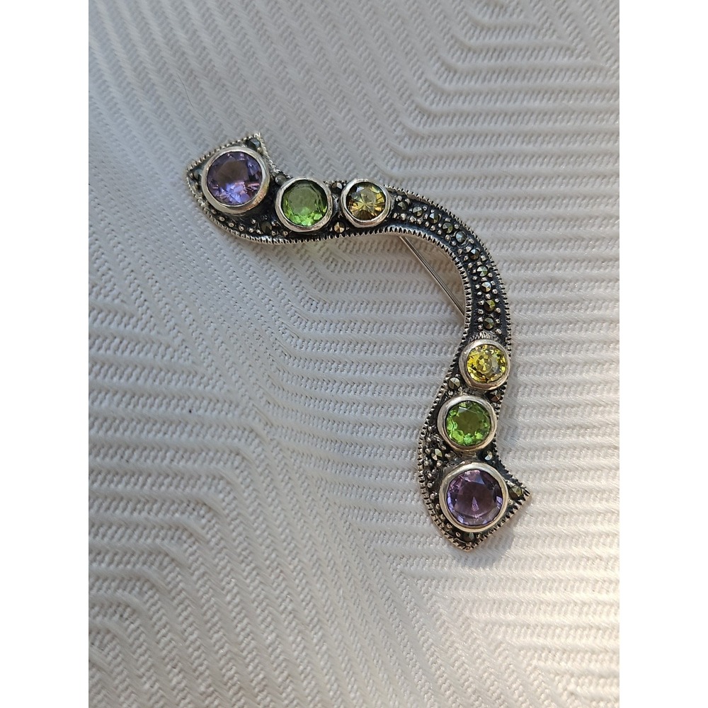 Vintage Sterling Silver Peridot Amethyst Topaz Marcasite Brooch Pin 2" Statement
